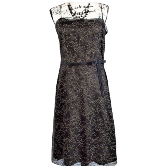 Laundry by Shelli Segal Black Lace w/ Brown Underlay Spaghetti Strap Dress Sz 10 - Picture 1 of 9
